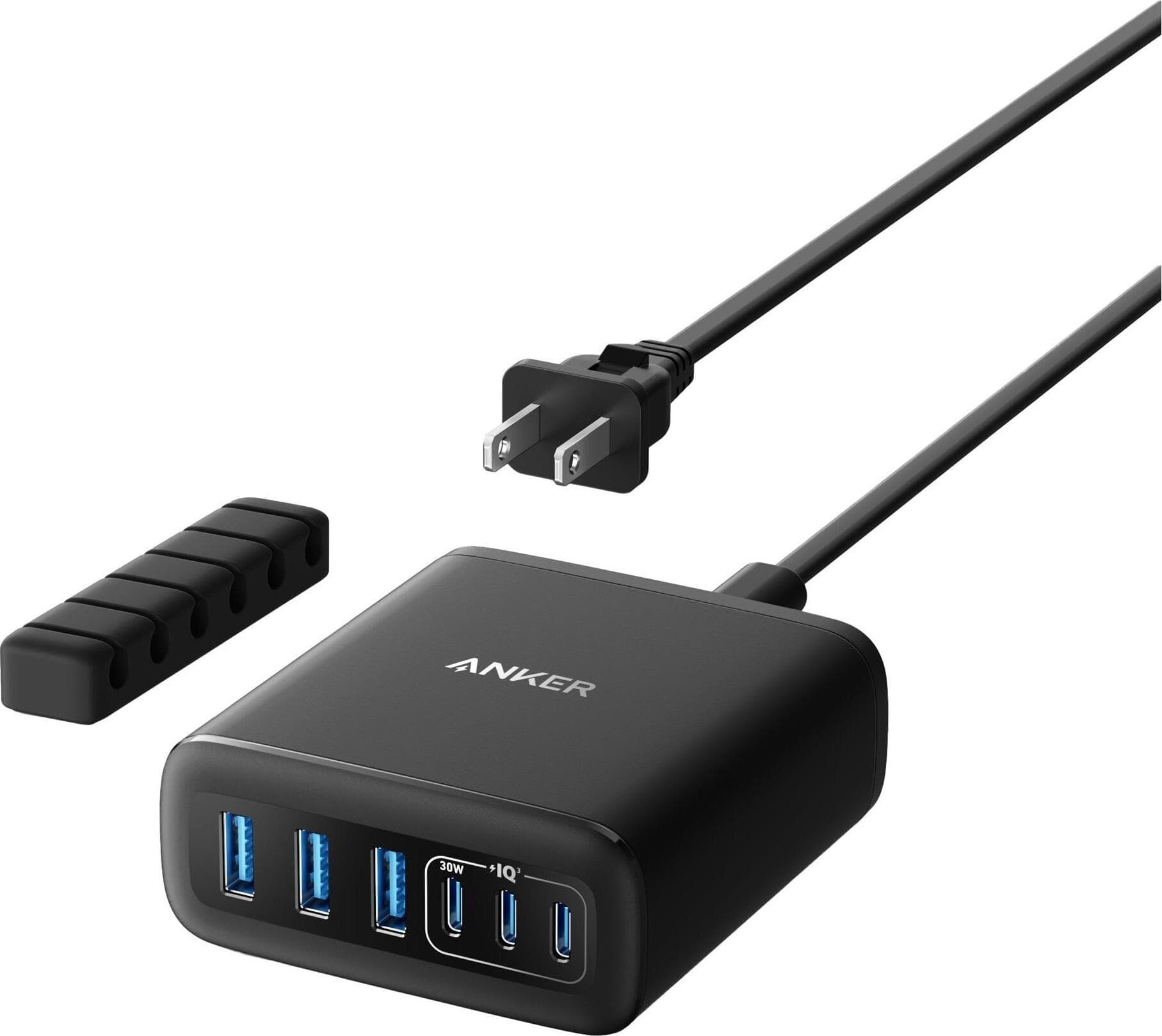 Зарядно устройство Anker GaN Charger 112W, от контакт към 3x USB C(ж), 3x USB A(ж), 20V/1.5A, черно