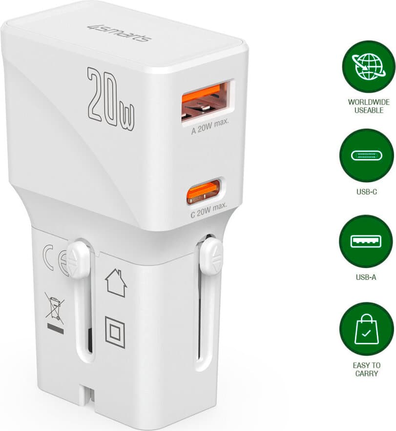 Зарядно устройство 4smarts 541041, от EU/UK/US/AUS към 1x USB C(ж), 1x USB A(ж), 12V/1.67A, бяло, 20W