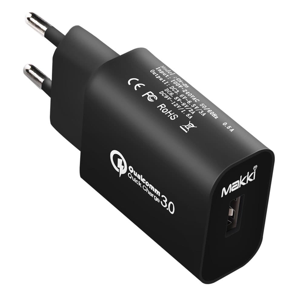 Зарядно устройство Makki QC18W-BK, от контакт към 1x USB A(ж), 5-12V, 3A, 18W, черно, Quick Charge 3.0