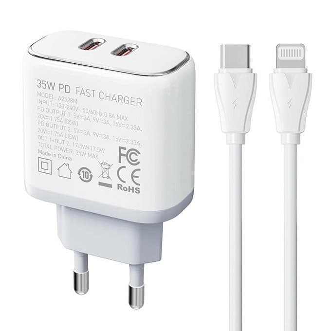 Зарядно устройство LDNIO A2528C, от контакт към 2x USB C(ж), 20V/1.75A, бяло, 35W, кабел от USB C(м) към Lightning(м)