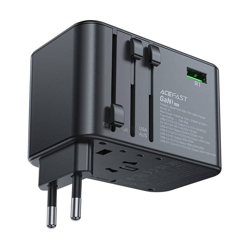 Зарядно устройство Acefast Z1, от EU/UK/US/AUS към EU/UK/US/AUS, 3x USB C(ж), 2x USB A(ж), 20V/3.35A, черно, 75W, QC4+