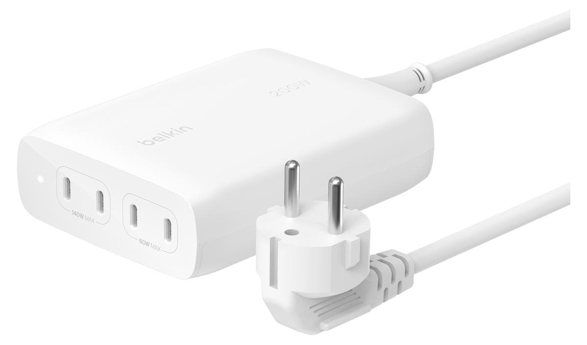 Захранване за ел. мрежа за лаптопи, смартфони и таблети с 4xUSB-C изходи с технология за бързо зареждане - Belkin Boost Charge Pro 4-Port GaN Charger 200W (бял)