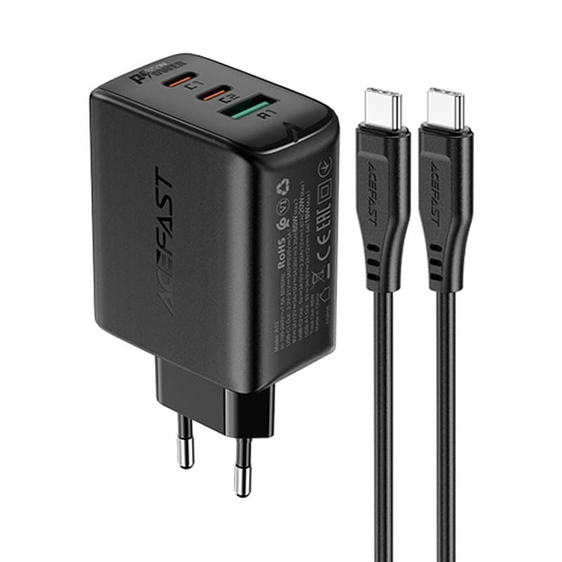 Зарядно устройство Acefast A13, от контакт към 2x USB C(ж), 1x USB A(ж), 20V/3.25A, черно, QC4+, кабел от USB C(м) към USB C(м)