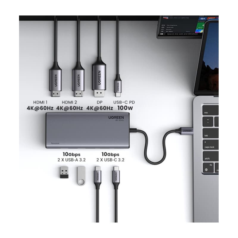 Докинг станция Ugreen 35625, от USB-C към 1x USB-C(PD), 2x USB-C, 2x USB-A, 1x DisplayPort, 2x HDMI, сива