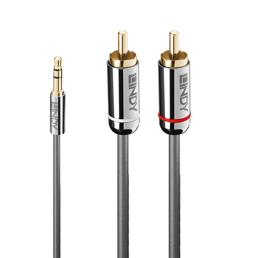 Кабел Lindy LNY-35336, от 3.5mm жак(м) към 2x RCA чинч(m), 5m, сив
