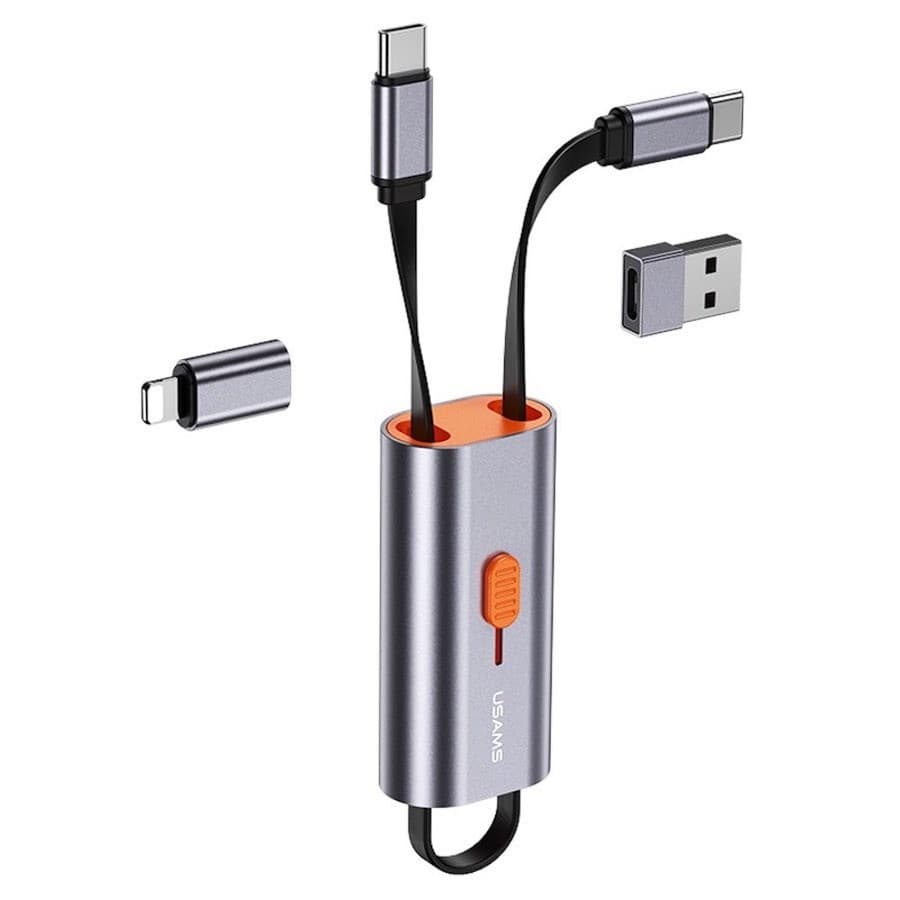 Кабел USAMS US-SJ560, от USB-C(м) към Lightning(м)/USB-C(м)/USB-А(м), 0.3m, 60W, сив