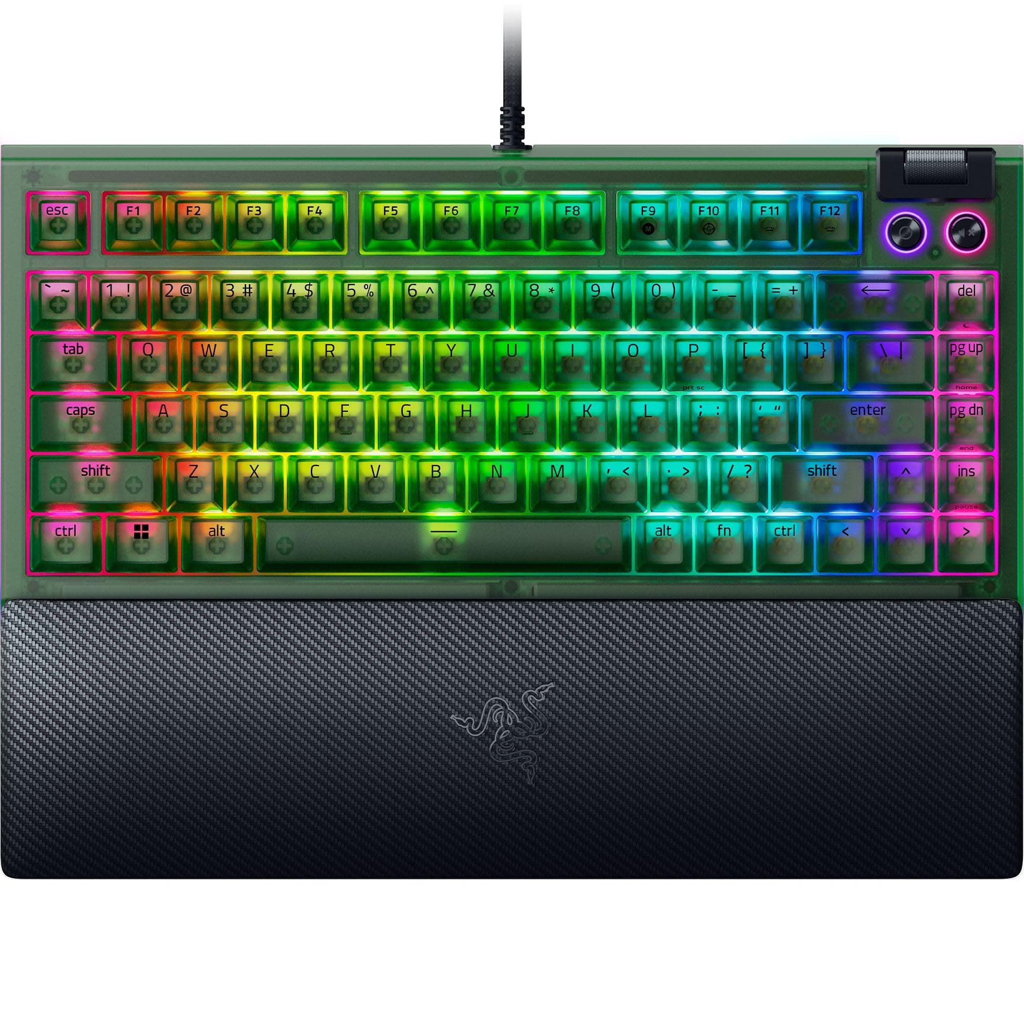 Клавиатура Razer BlackWidow V4 75% Phantom Green Edition, механична, Tactile суичове, гейминг, Razer Chroma RGB подсветка, N-key rollover, черна, USB