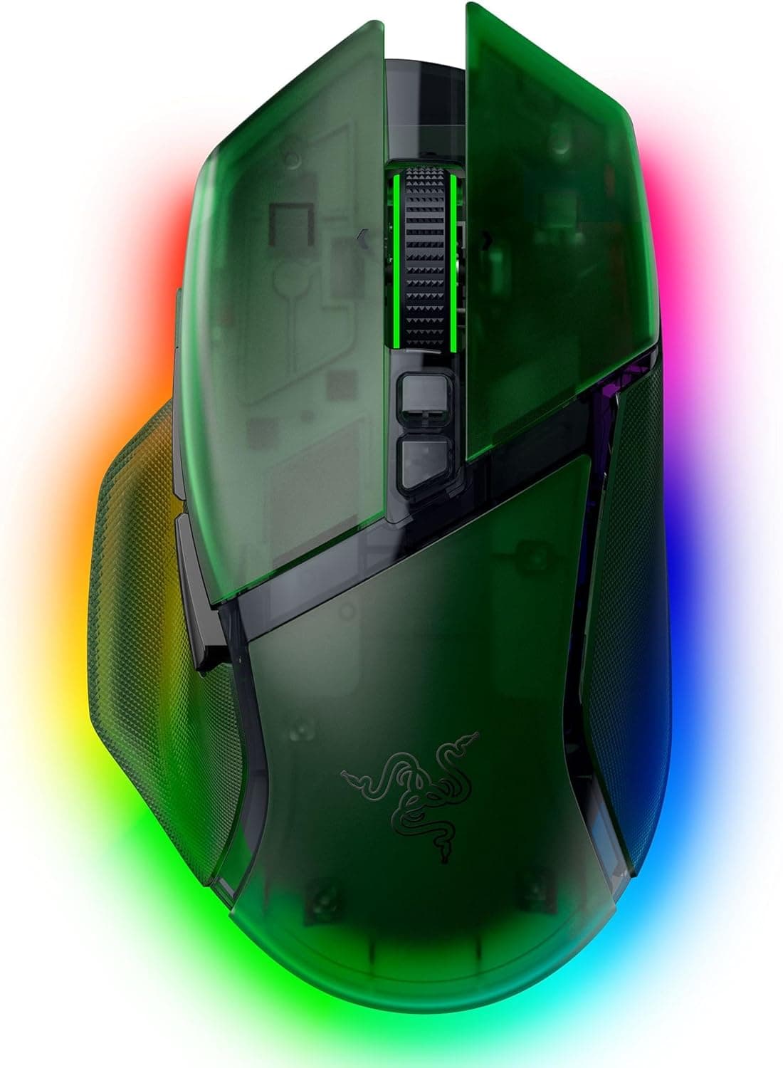 Мишка Razer Basilisk V3 Pro 35K Phantom Green Edition, оптична (35 000 dpi), жична/безжична, Bluetooth, USB, черна, гейминг, 11 програмируеми бутона, Focus Pro 35K Gen-2 сензор, Razer Chroma RGB подсветка