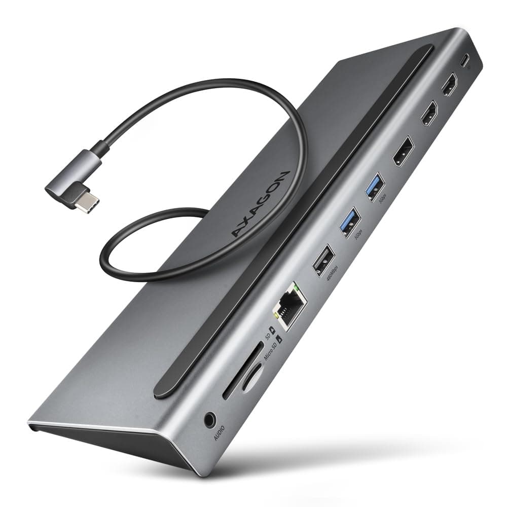 Докинг станция Axagon HMC-4KX3, от USB-C към 1x USB-C(PD), 3x USB-A, 1x DisplayPort, 2x HDMI, 1x AUX, 1x RJ45, 1x SD четец, 1x microSD четец, сива