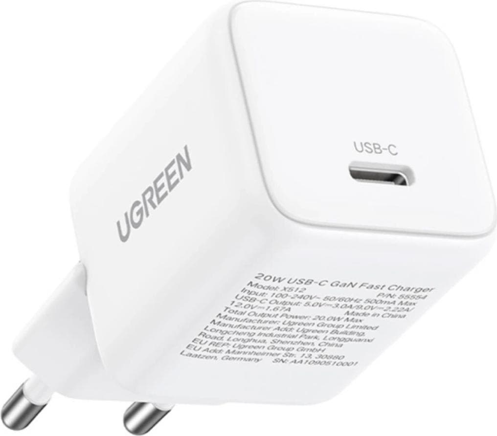 Зарядно устройство Ugreen X513, от контакт към 1x USB C(ж), 20V/1.5A, бяло, QC 4.0, 30W