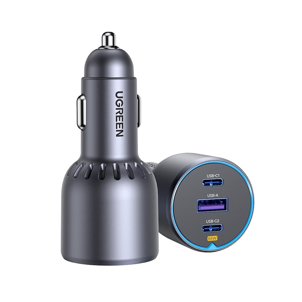 Зарядно устройство Ugreen EC703, за кола, от автомобилна запалка към 2x USB-C(ж), 1x USB-A(ж), сиво, QC 3.0