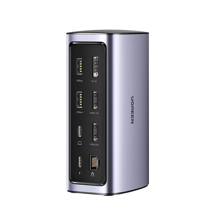 Докинг станция Ugreen CM555, от USB-C към 1x USB-C(PD), 2x USB-C, 2x USB-A, 1x DisplayPort, 2x HDMI, 1x AUX, 1x RJ45, 1x SD четец, 1x MicroSD четец, сива