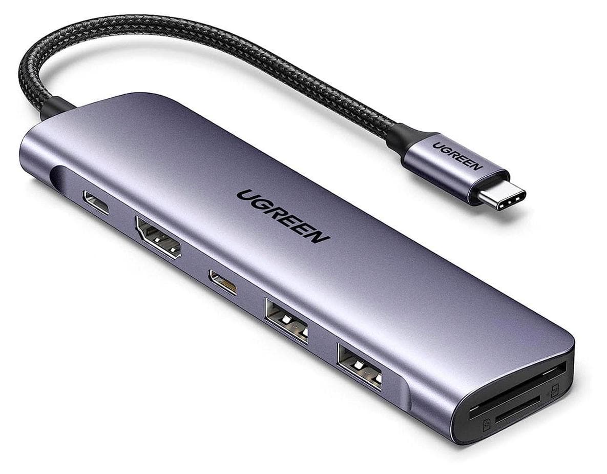 Докинг станция Ugreen CM195, от USB-C към 1x USB-C(PD), 1x USB-C, 2x USB-A, 1x HDMI, 1x SD четец, 1x MicroSD четец, сива