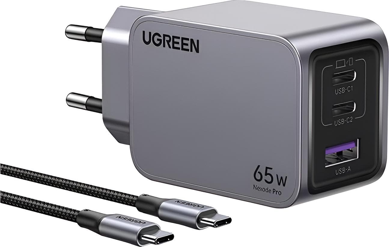 Зарядно устройство Ugreen X755, от контакт към 2x USB-C(ж), 1x USB-A(ж), 20V/3.25A, сиво, 65W