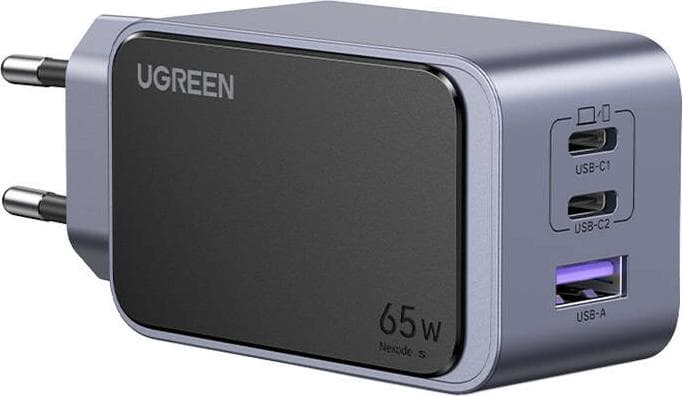 Зарядно устройство Ugreen X553, от контакт към 2x USB-C(ж), 1x USB-A(ж), 20V/3.25A, сиво, QC4+, 65W