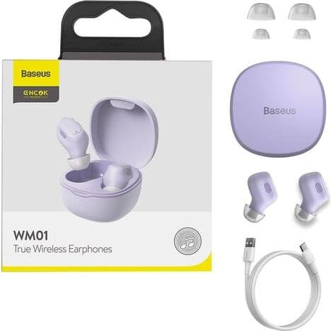 Слушалки Baseus Encok WM01, безжични, микрофон, Bluetooth 5.0, до 5 часа време на работа, лилави