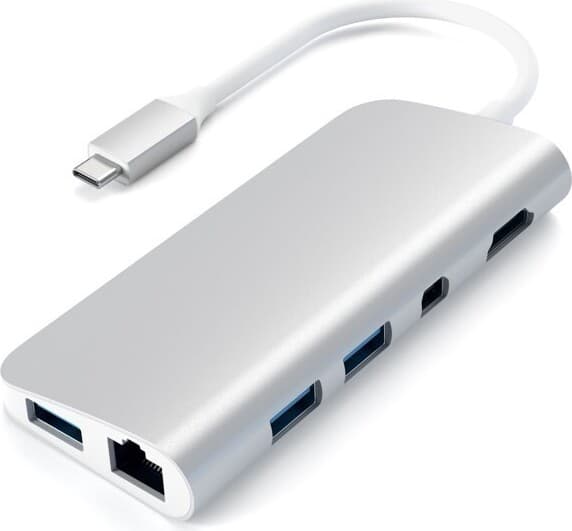 Докинг станция Satechi USB-C Multimedia Adapter Silver (ST-TCMM8PAS), от USB C към 1x USB C(PD), 3x USB A, 1x HDMI, 1x RJ45, 1x SD/MicroSD четец, сребриста