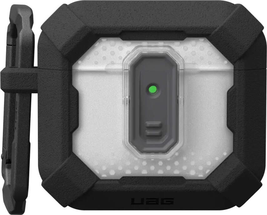 Хибриден удароустойчив кейс с карабинер за Apple AirPods 4 - Urban Armor Gear Plasma Hybrid Case (черен-прозрачен)
