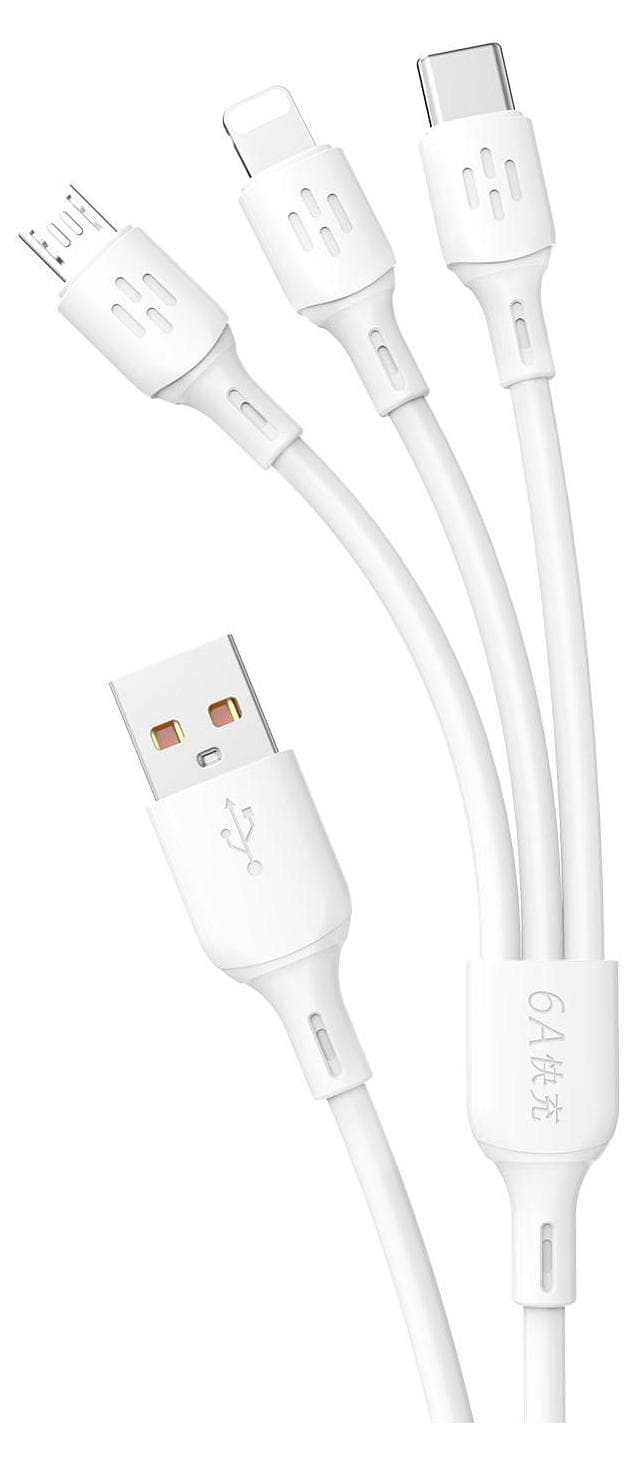 Универсален USB кабел с Lightning, microUSB и USB-C конектори (120 см) - Dudao LBA 3-in-1 Charging Cable 6A (бял)