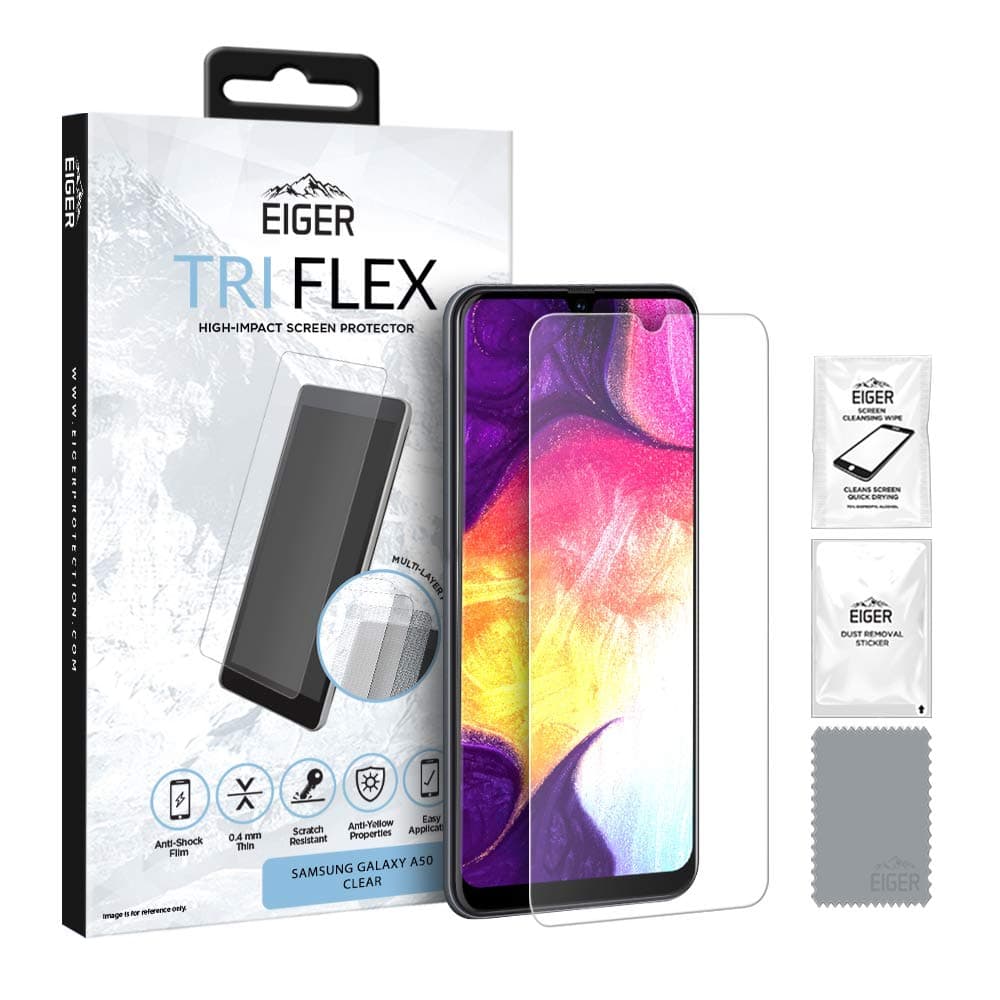 Качествено защитно покритие за дисплея на Samsung Galaxy A50 - Eiger Tri Flex High Impact Film Screen Protector (прозрачен)