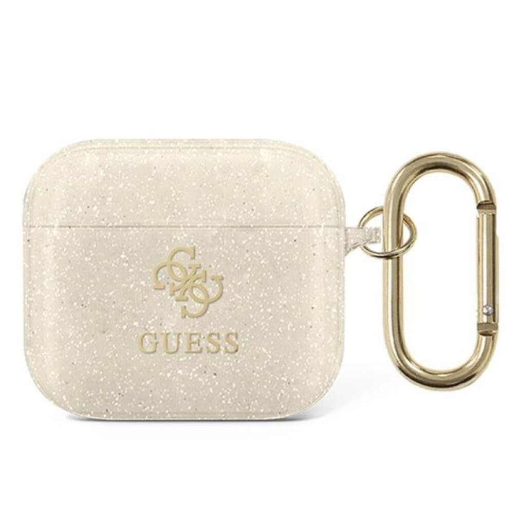 Силиконов калъф с карабинер за Apple Airpods 3 - Guess AirPods 3 Silicone Transparent Glitter Case (златист)