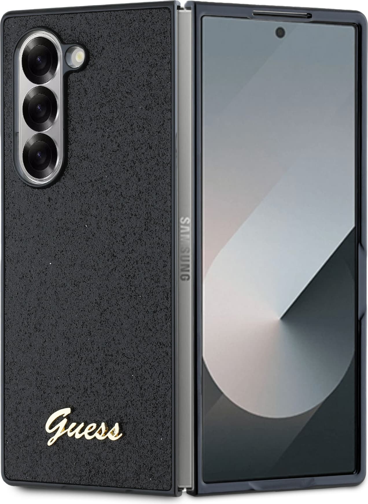 Хибриден удароустойчив кейс за Samsung Galaxy Z Fold6 - Guess Glitter Flakes Metal Logo Case (черен)