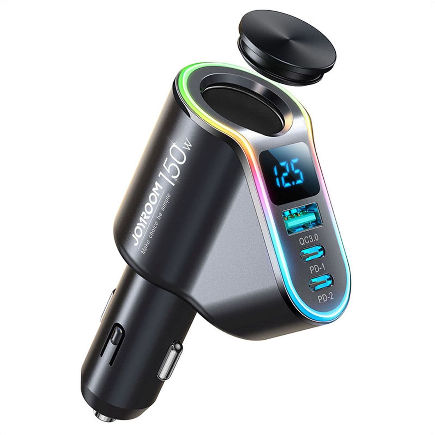 Зарядно за кола с 2xUSB-C и USB-A изходи и извод за запалка - Joyroom 4-in-1 Fast Car Charger and Extended Cigarette Lighter Port 150W (черен)
