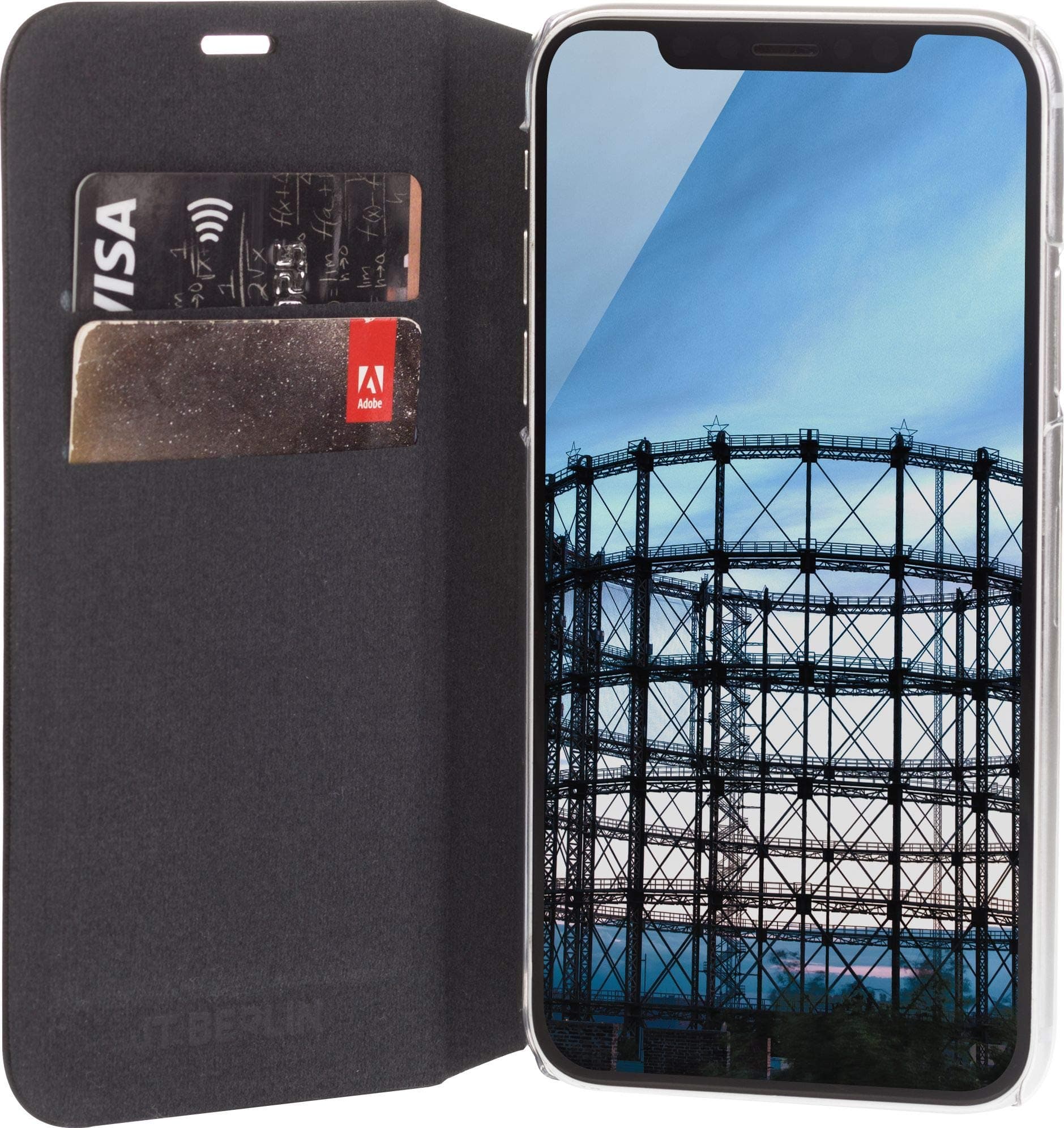 Хоризонтален кожен (веган кожа) калъф тип портфейл за iPhone XS Max - JT Berlin Folio Case (черен)