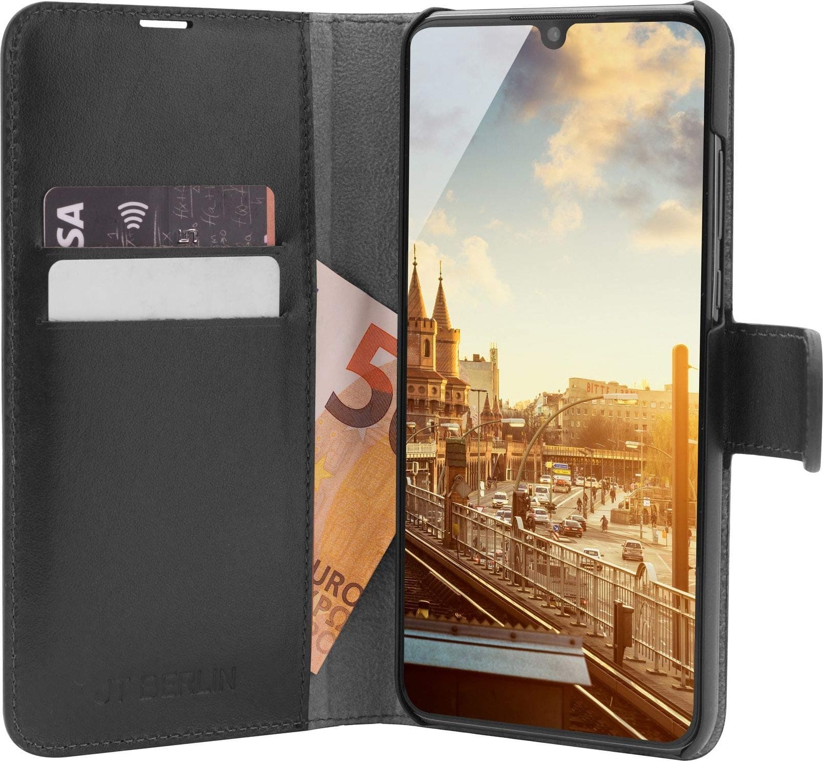 Хоризонтален кожен (естествена кожа) калъф тип портфейл за Huawei P30 - JT Berlin LeatherBook Kreuzberg Case (черен)