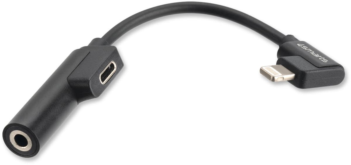 4smarts SoundSplit Angled Lightning to Lightning & 3.5mm Audio Splitter - Lightning адаптер към 3.5 аудио изход и Lightning изход (12см) (черен)