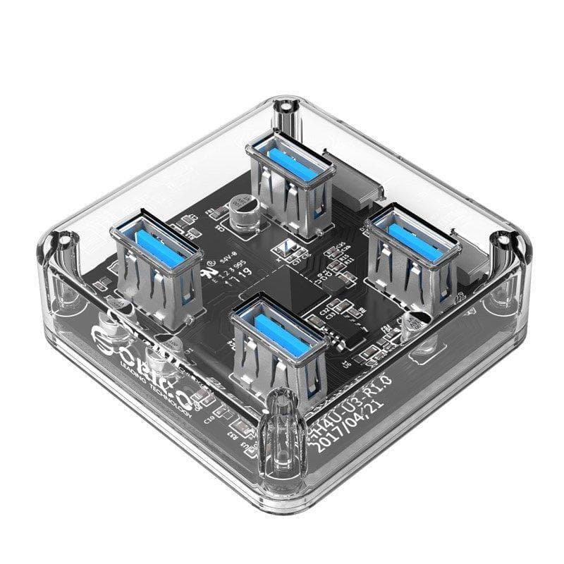 4-портов USB-A 3.0 хъб за компютри и лаптопи (прозрачен) - Orico USB-A 3.0 Hub 4 Port