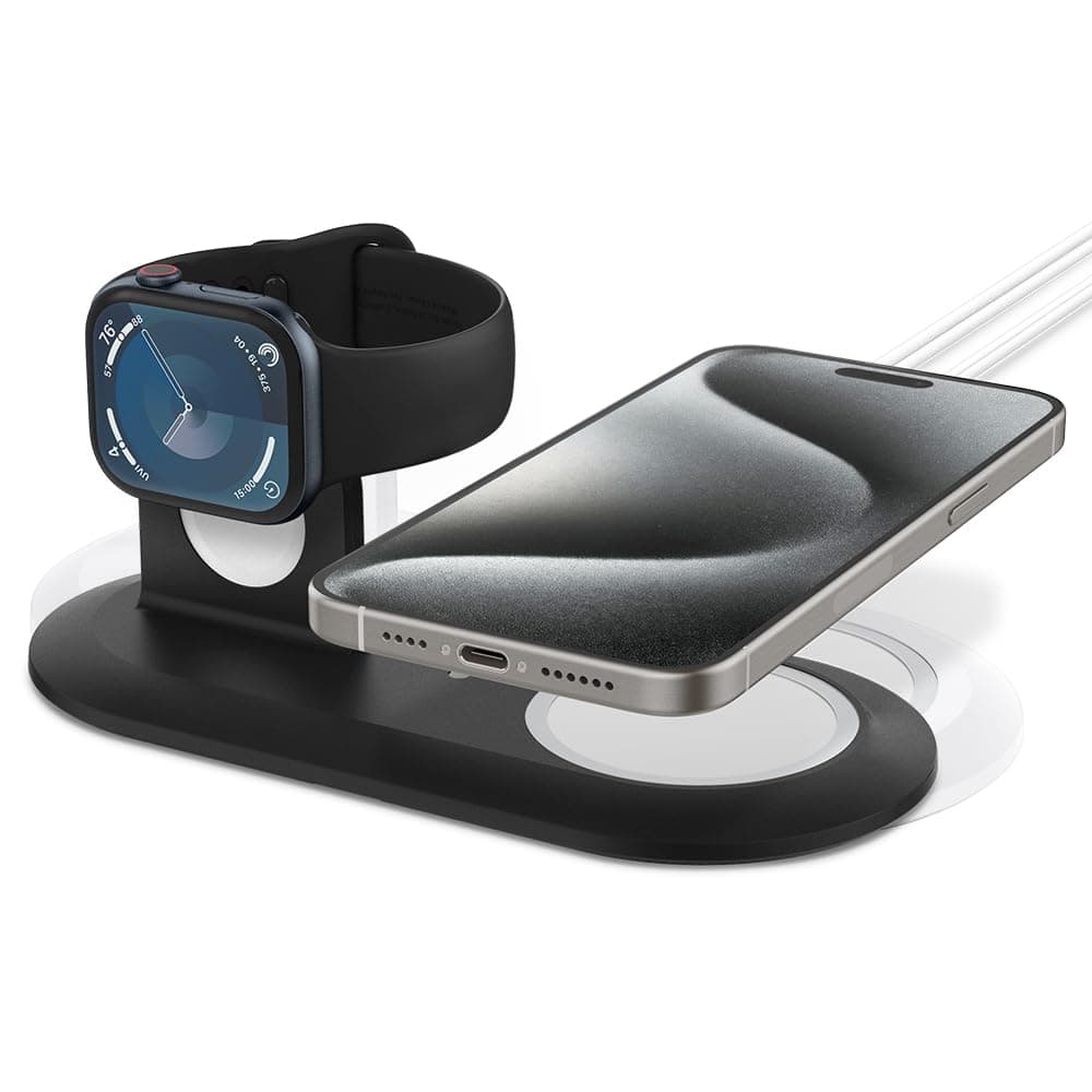 Силиконова поставка за зареждане на iPhone и Apple Watch чрез поставяне на Apple MagSafe Charger и Apple Watch кабел - Spigen MagFit Duo for MagSafe & Apple Watch Charger (черен)