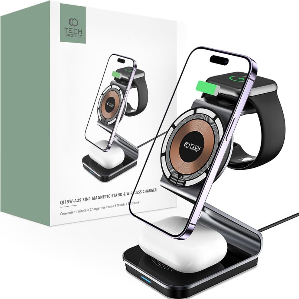 Тройна поставка (пад) за безжично зареждане за iPhone с Magsafe, Apple Watch и AirPods - Tech-Protect 3-in-1 Inductive Wireless Charging Station Qi15W-A29 (черен)