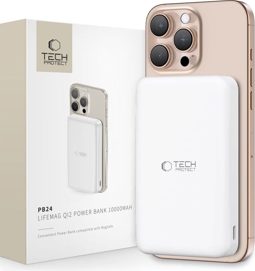 Преносима външна батерия с USB-C порт, USB-A изход и безжично зареждане с MagSafe - Tech-Protect LifeMag Qi2 Magnetic Wireless Charging Power Bank 10000 mAh 15W (бял)