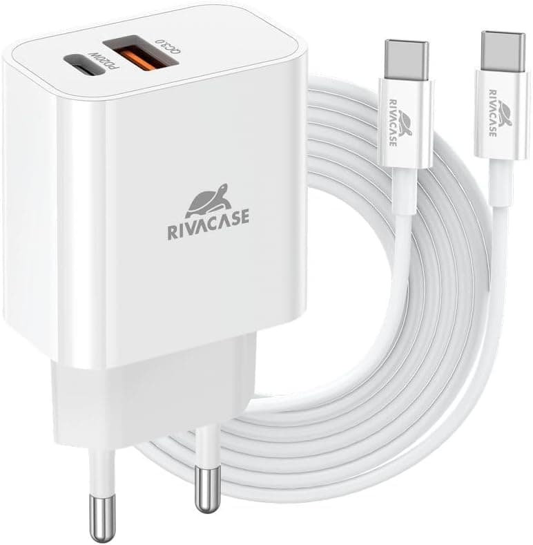 Зарядно устройство Rivacase PS4102 WD4, от контакт към 1x USB-C(ж), 1x USB-A(ж), 12V/1.67A, бяло, QC 3.0, кабел от USB-C(м) към USB-C(м)