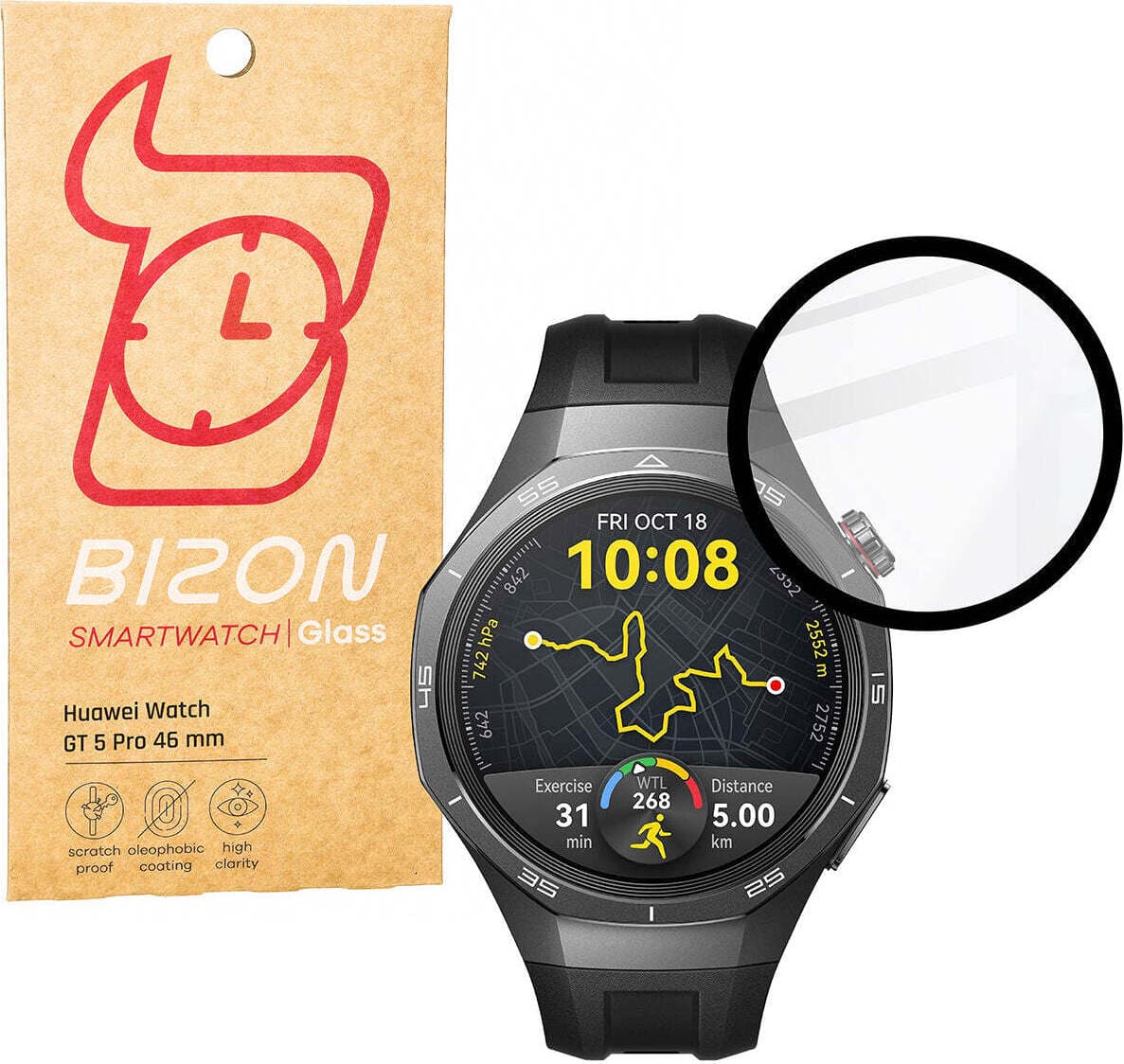 Хибридно защитно покритие за дисплея на Huawei Watch GT 5 Pro 46мм - Bizon Glass Watch Edge Hybrid Protector (черен-прозрачен)