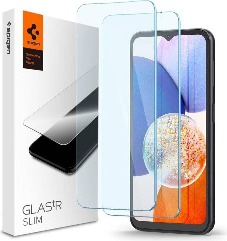 2 броя стъклени защитни покрития за дисплея на Samsung Galaxy A14 5G - Spigen Tempered Glass GLAS.tR Slim 2 Pack (прозрачен)
