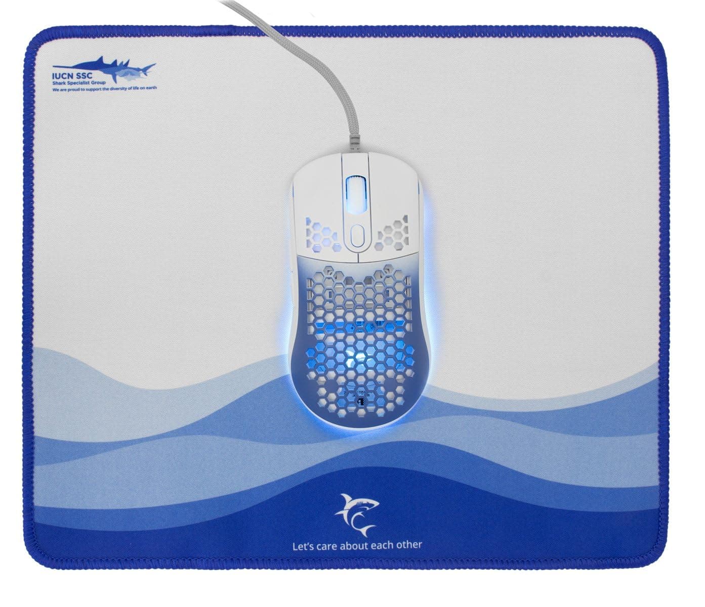 Мишка и подложка White Shark GMP-2201 Megalodon, оптична, 7200 DPI, USB 2.0, бяла/синя, 6 бутона, 1.8m