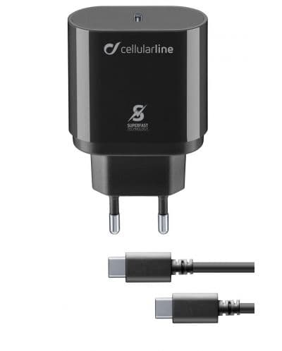 Зарядно устройство Cellularline - PD, USB-C, кабел USB-C, 25W, черно